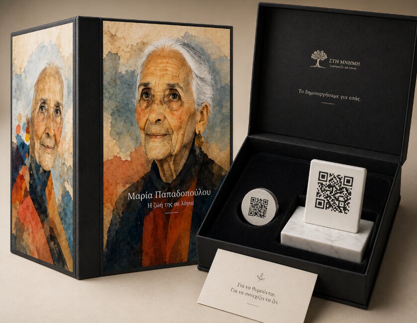 Premium QR memorial package — marble-mounted ceramic tile, 25 mm ceramic medallion and installation guide in a presentation box