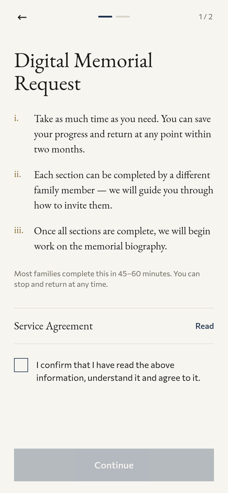 A phone screen titled Digital Memorial Request with three numbered points, a Service Agreement row and a tick box.
